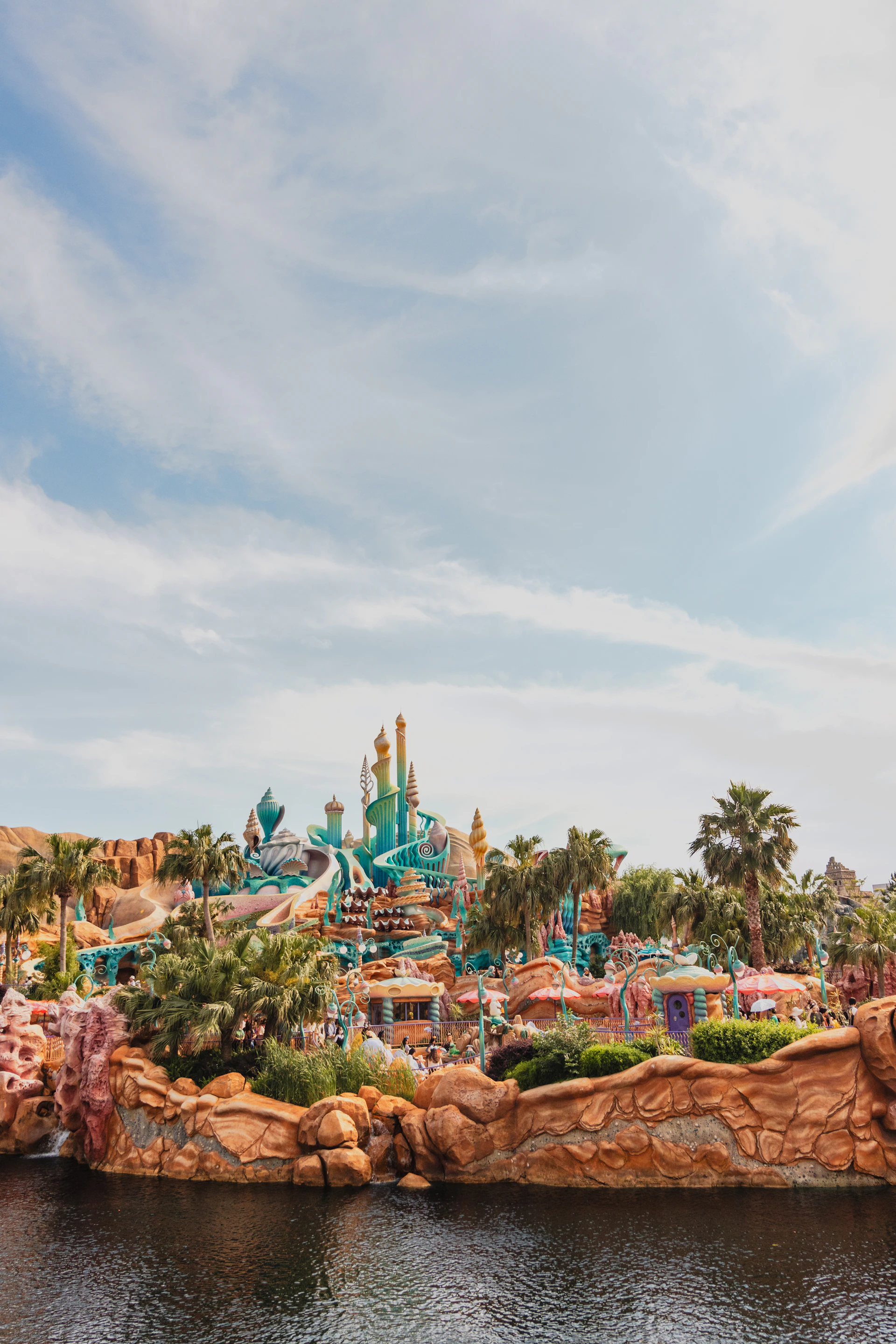 A view of a water park from the water