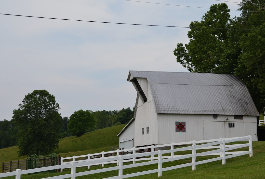 A white barn and a white fence on a farm, White barn with barn quilt and three rail fence