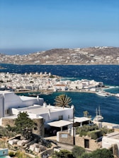 An aerial view of a small town by the ocean
