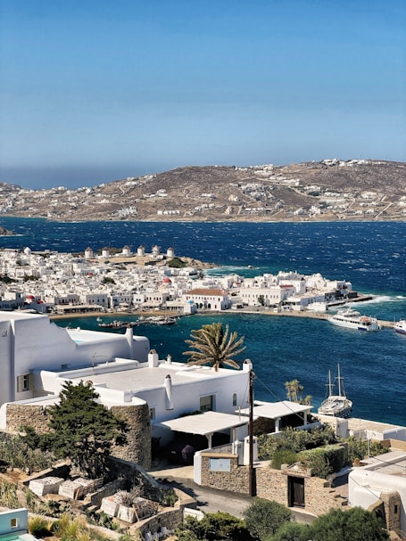 An aerial view of a small town by the ocean