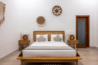 A bed sitting in a bedroom next to two nightstands