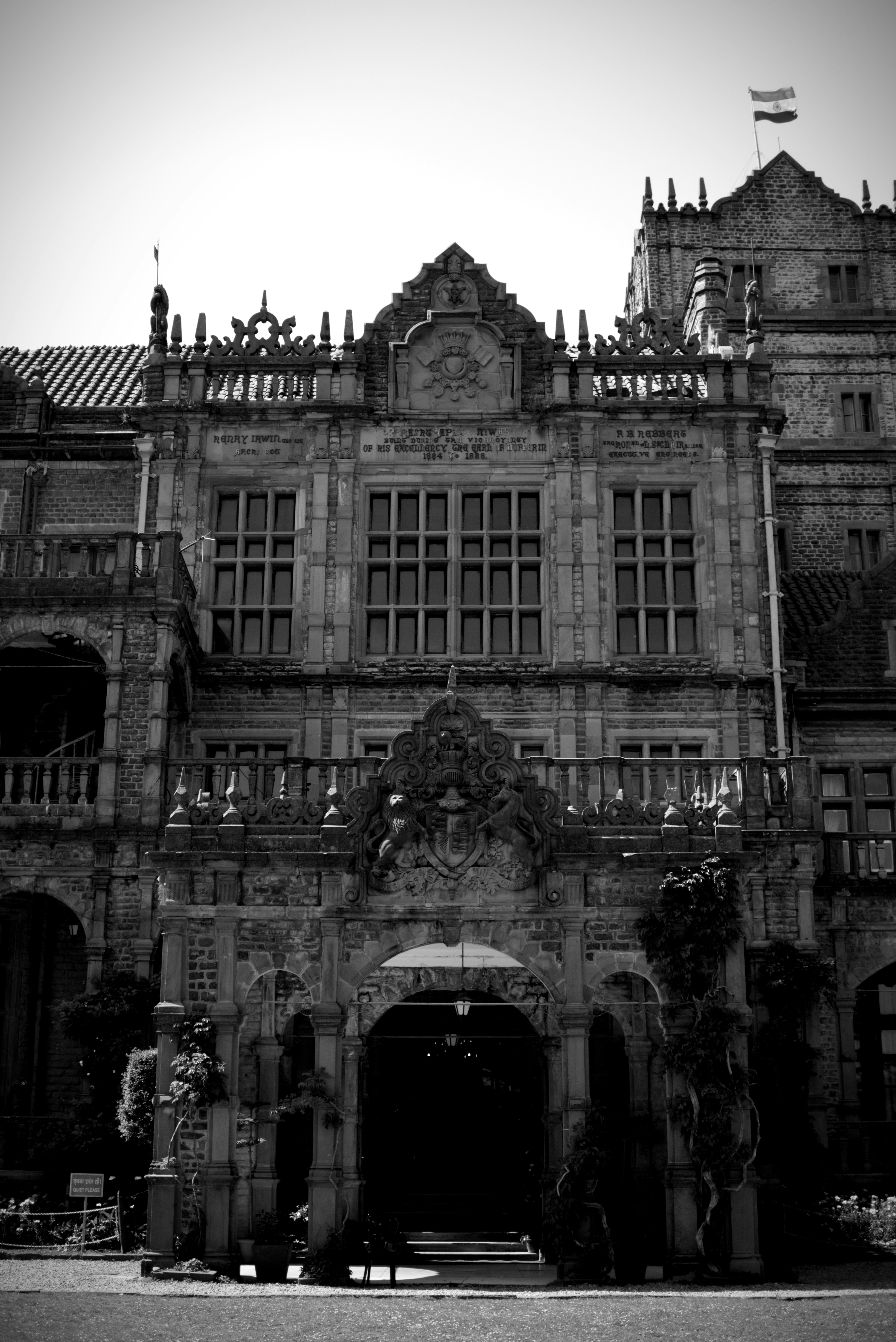 A black and white photo of a large building