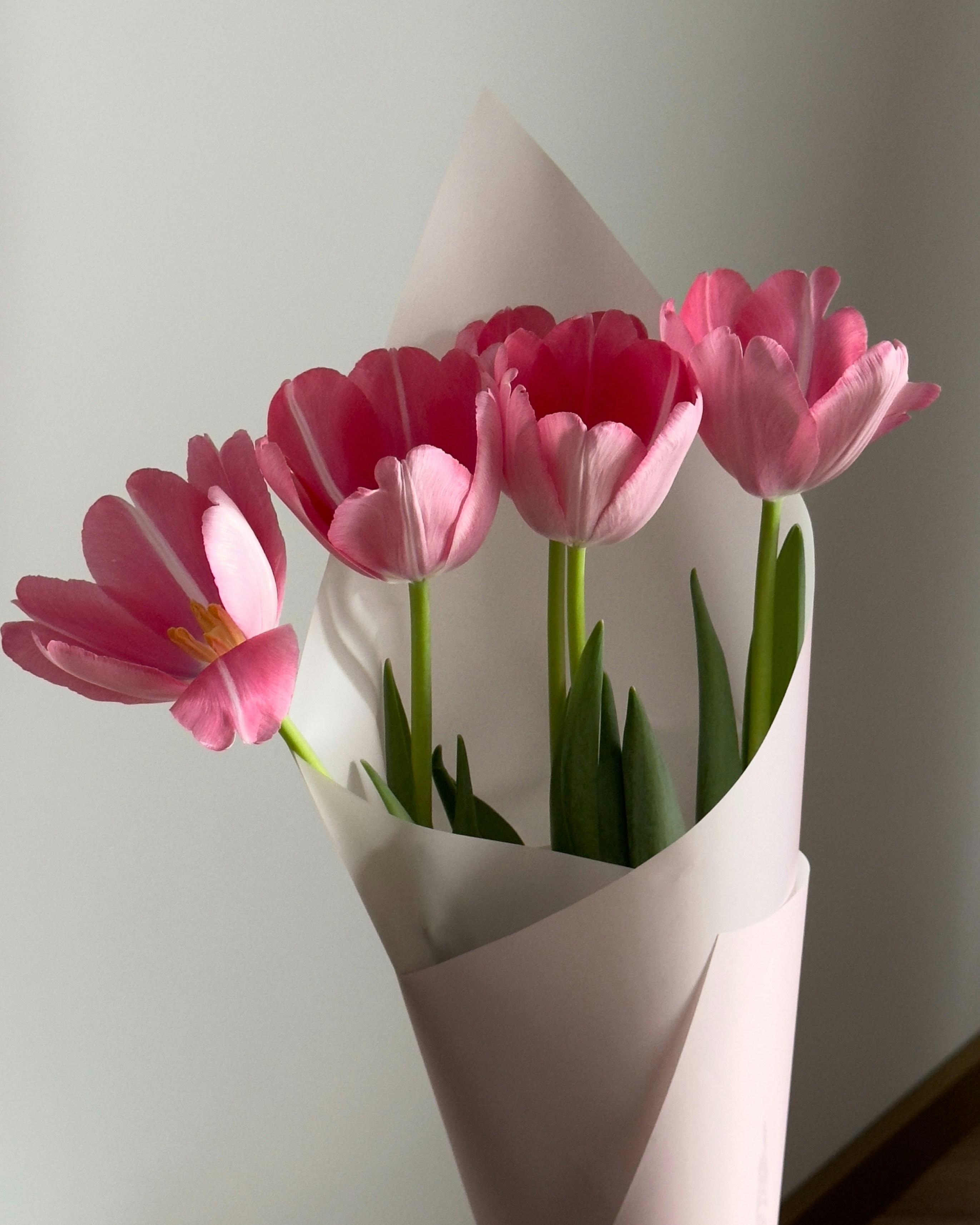 Beautifully wrapped flower bouquet with pink ribbon and kraft paper ready for delivery