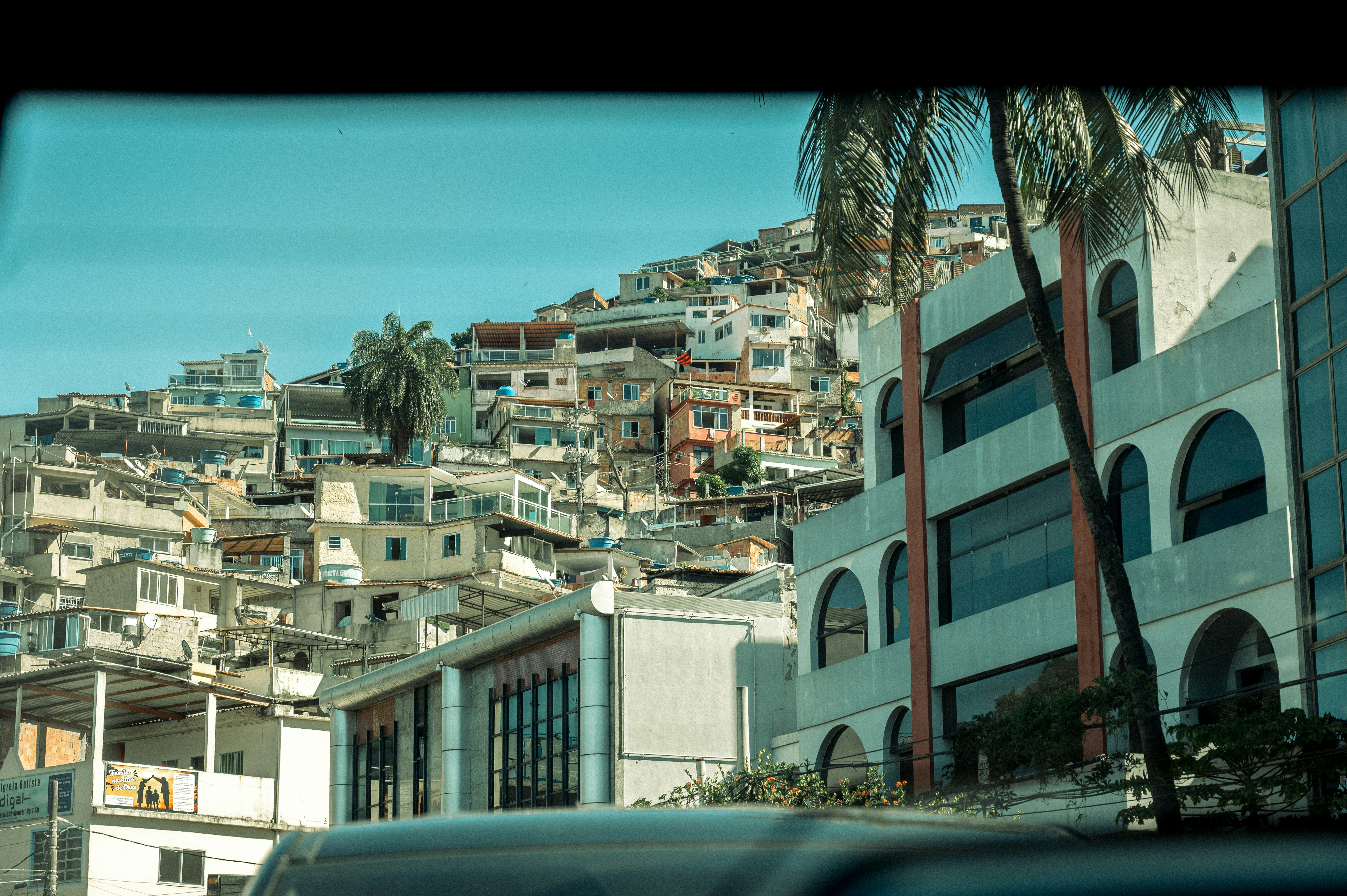 A view of a city from a car window