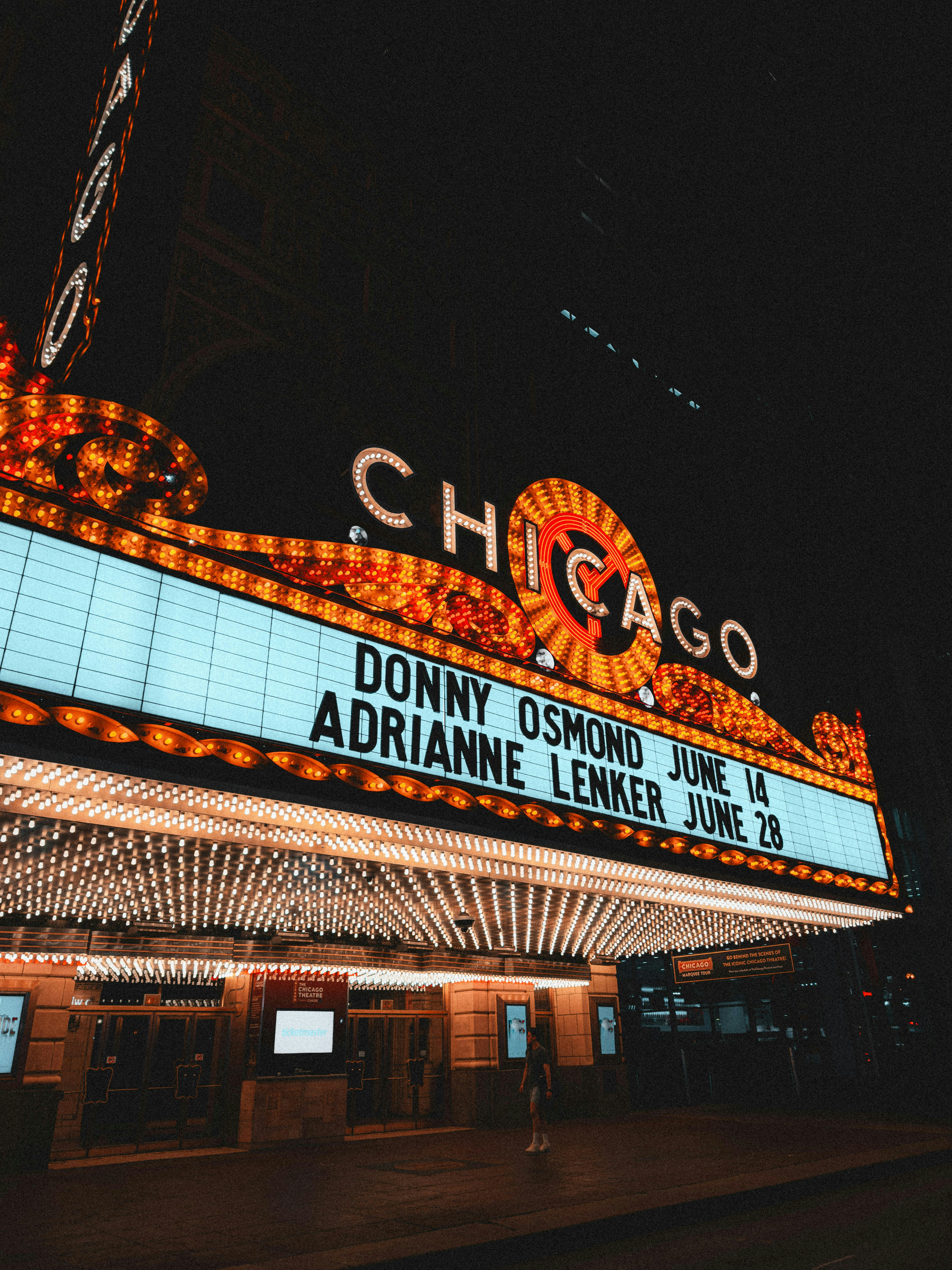 The chicago theatre marquee lit up at night