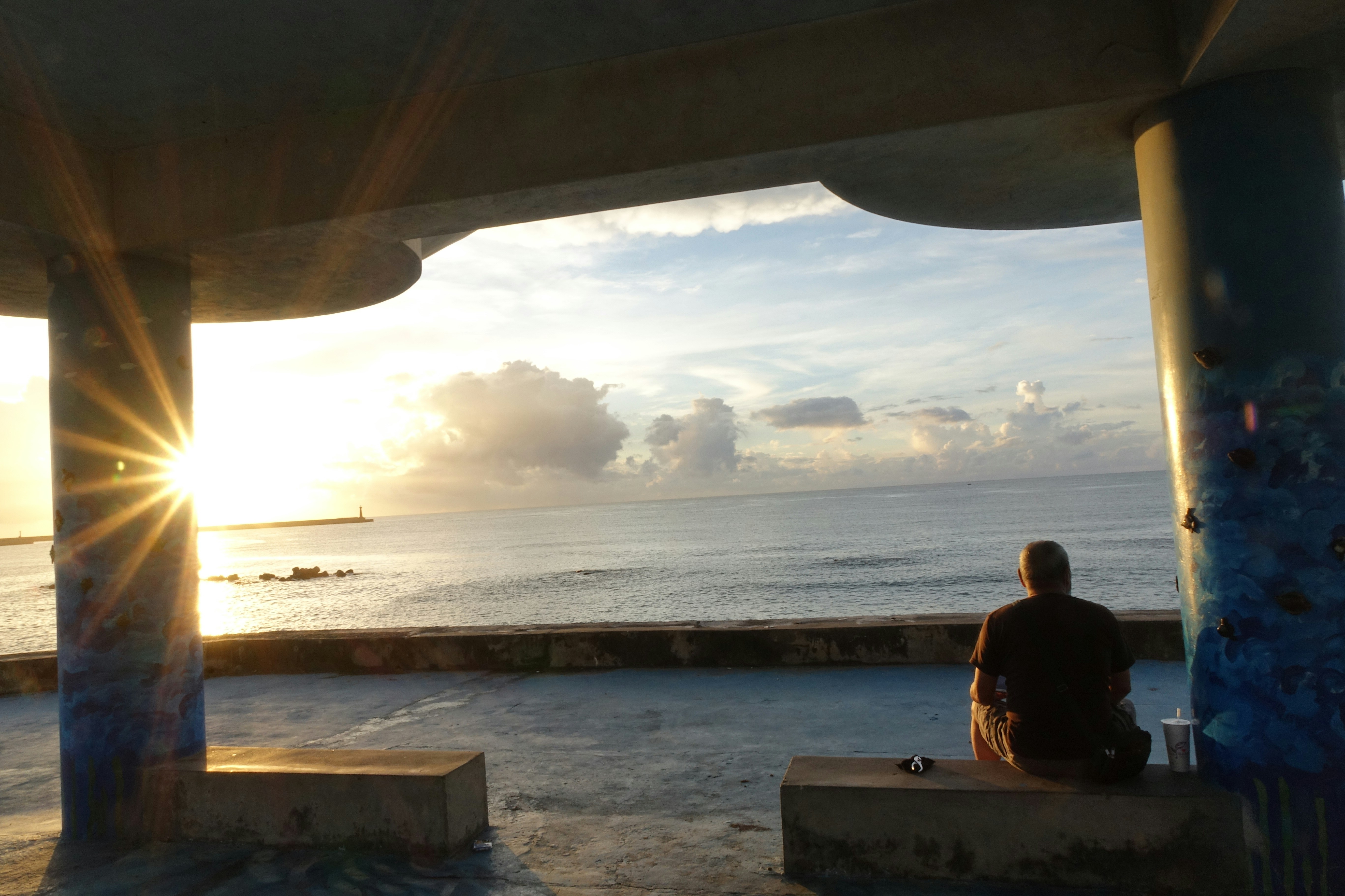 A person sitting on a bench looking out at the ocean