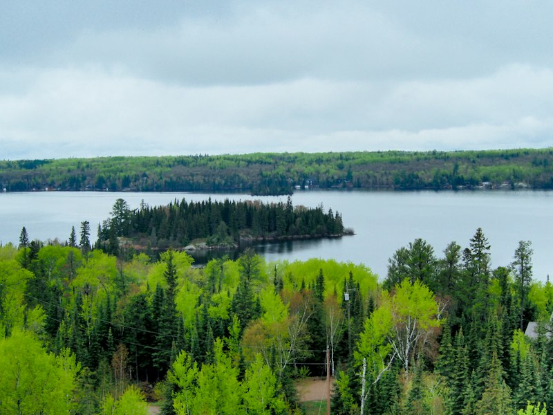 Spruce-covered island in a wide northern Manitoba lake under low grey cloud, seen from a forested hillside