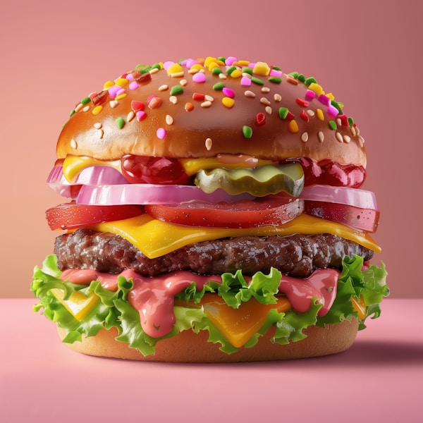A hamburger with cheese, lettuce, tomato, and other toppings