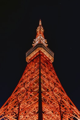 The top of the eiffel tower lit up at night