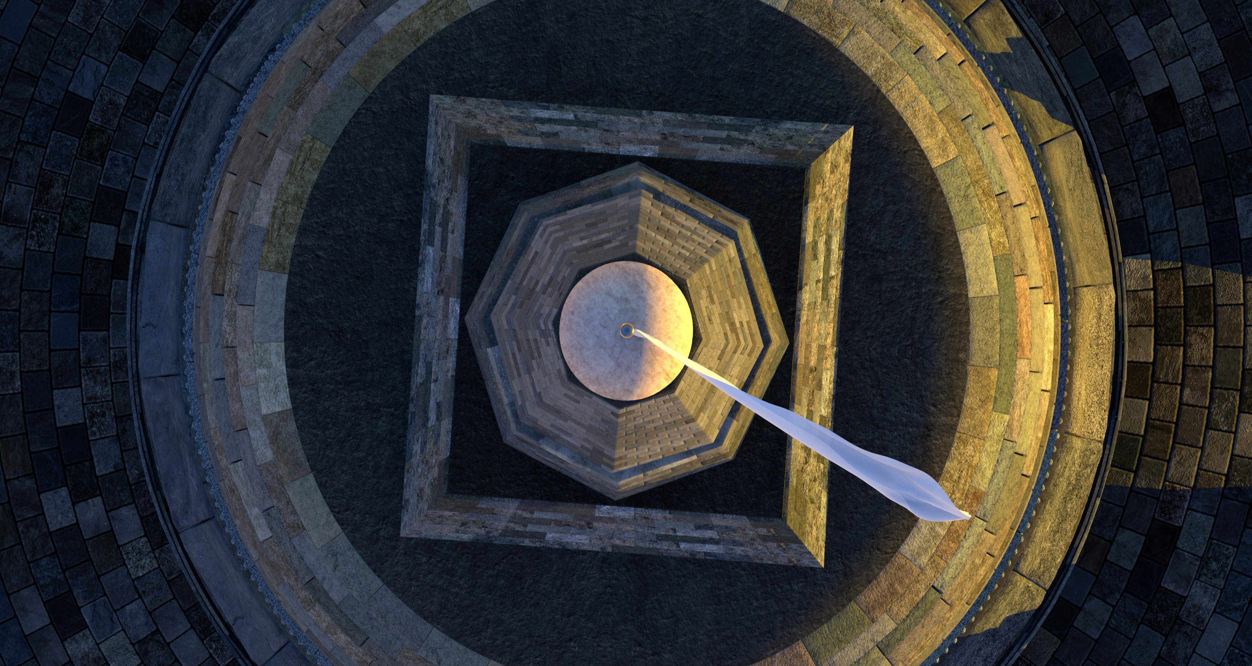 An aerial view of a circular object with a white object in the center ...