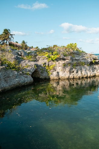 A body of water surrounded by rocks and trees