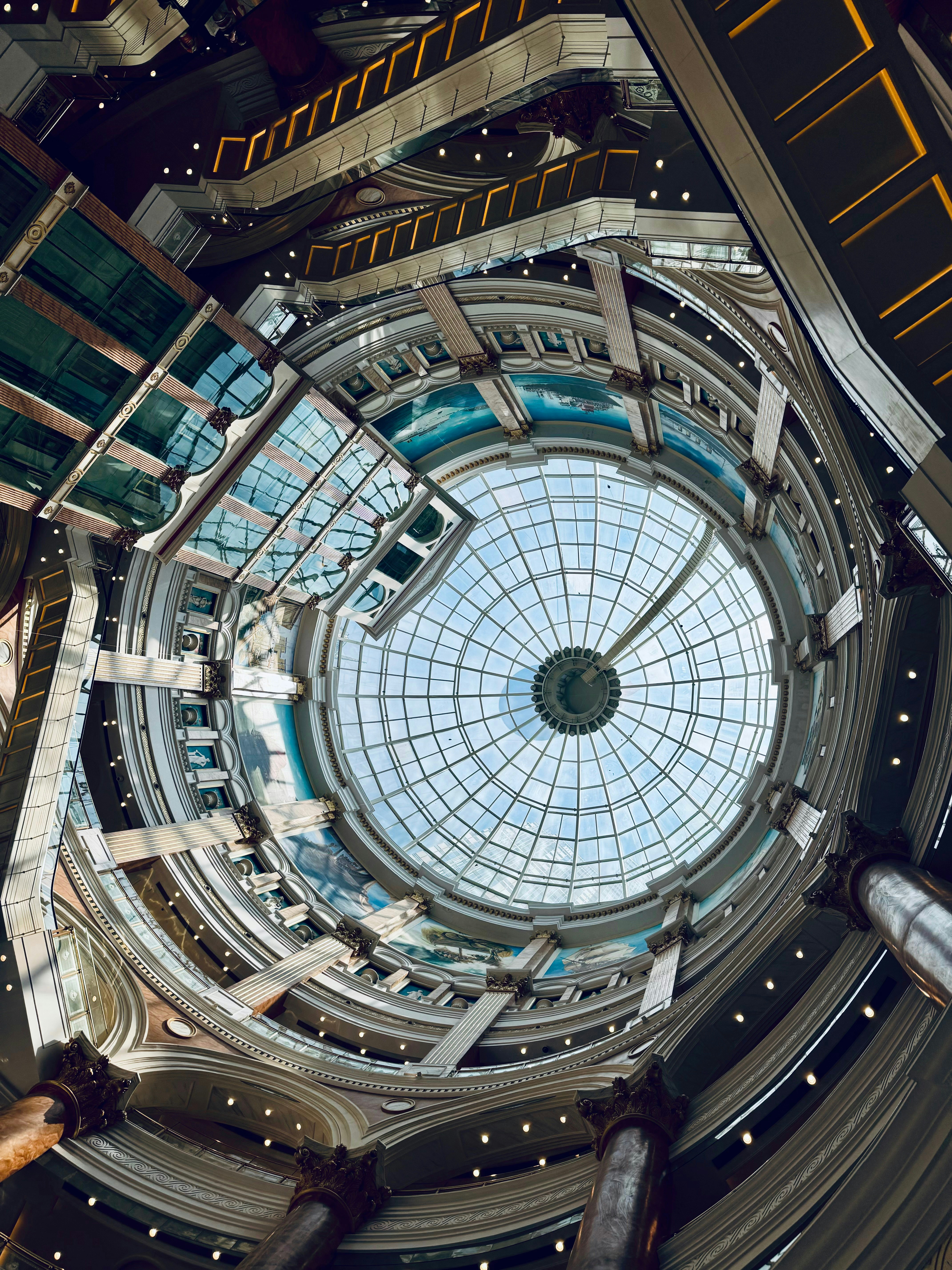 A view of the inside of a building looking up at the ceiling