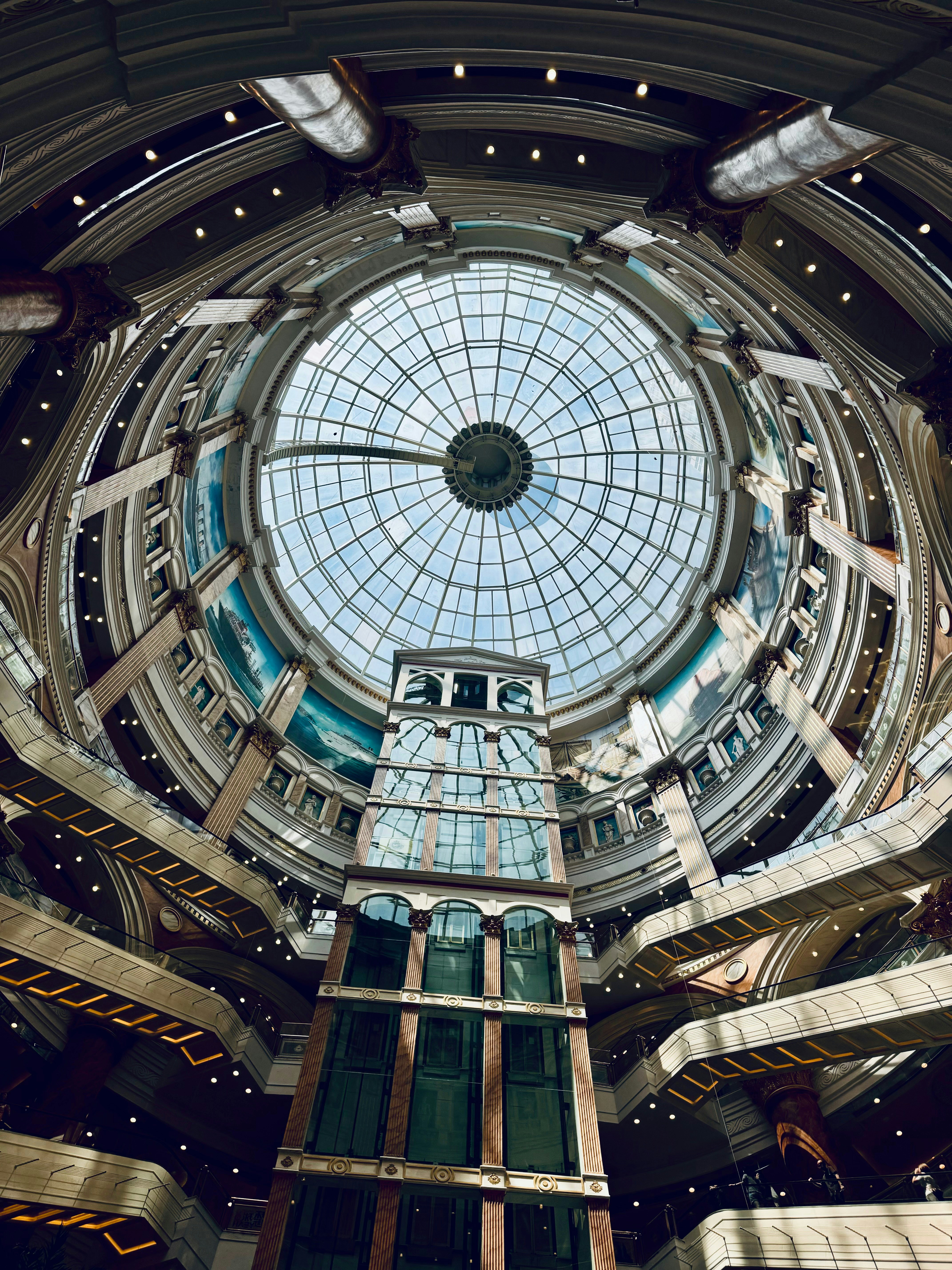 A very tall building with a skylight inside of it