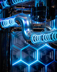 A close up of a metal structure with blue lights