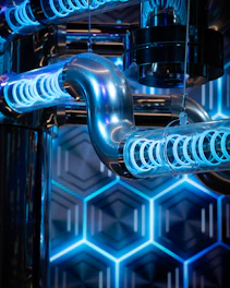 A close up of a metal structure with blue lights