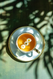 An overhead view of a cup of tea on a saucer
