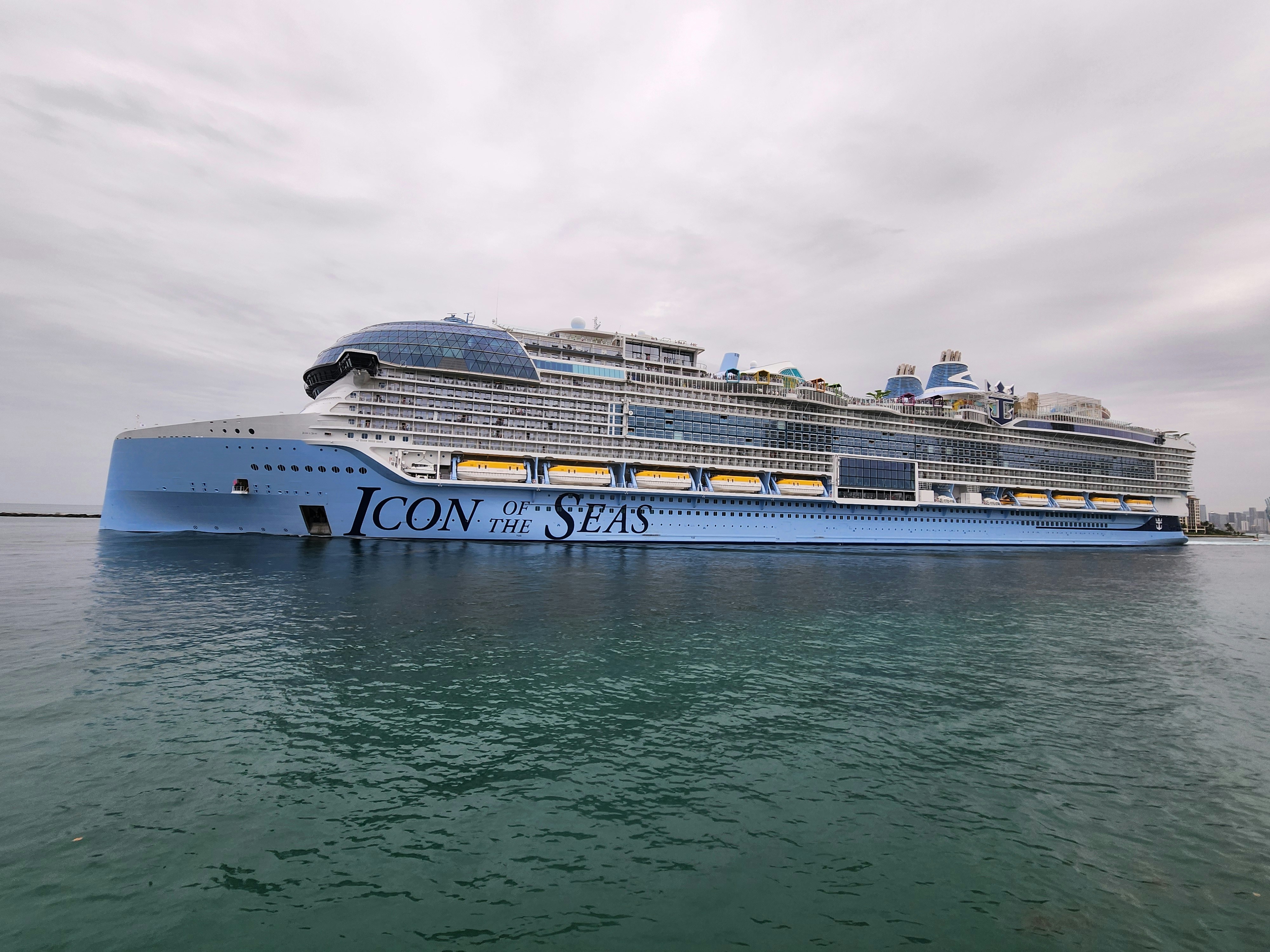 A large cruise ship in the middle of the ocean, Icon of the Seas is the lead ship of the Icon class. She entered service on 27 January 2024 out of the Port of Miami in the US. At 248,663 gross tonnage, Icon of the Seas is the largest cruise ship in the world.