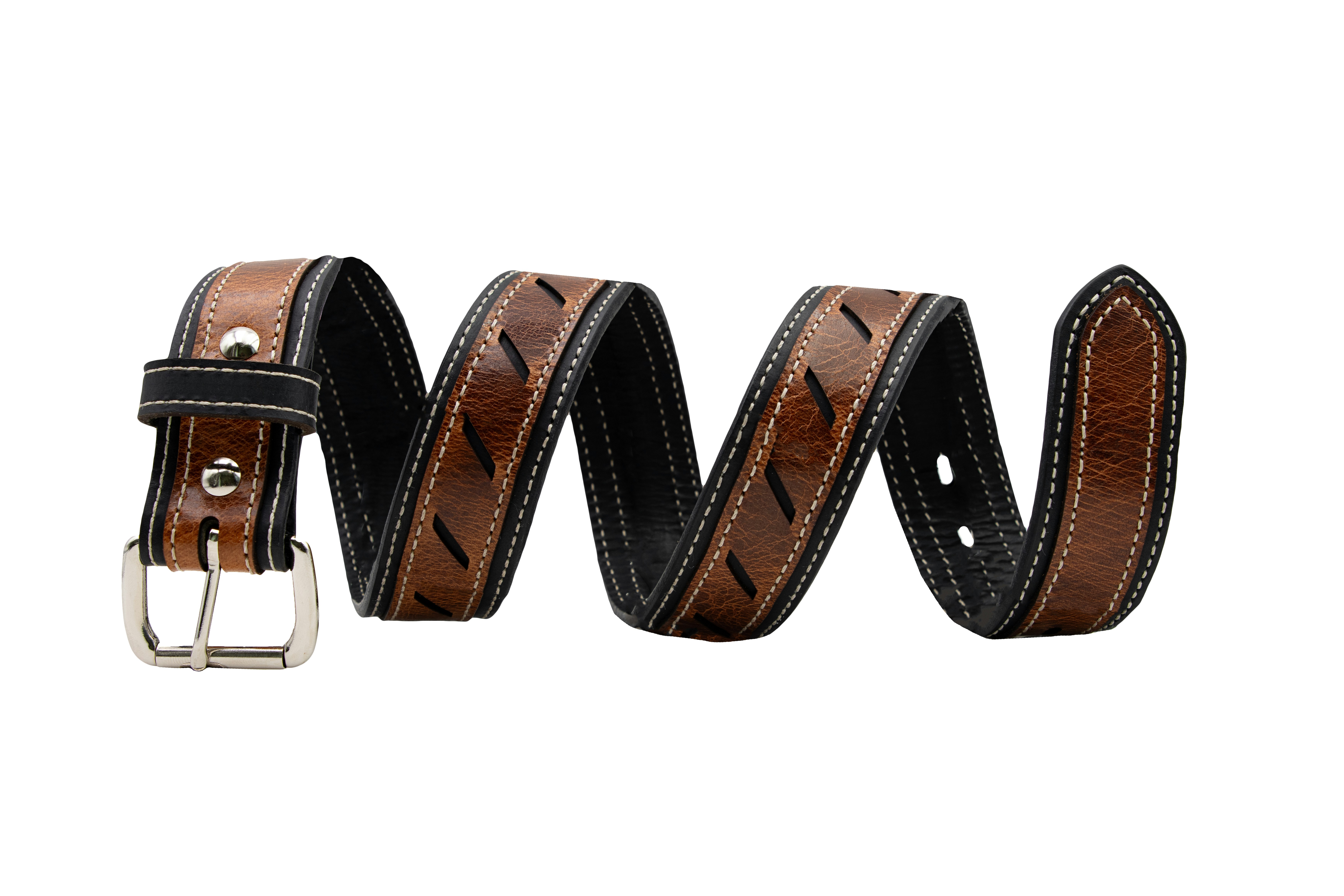 Tan leather belt coiled on white surface, product photography