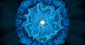 A blue flower with a white center on a black background