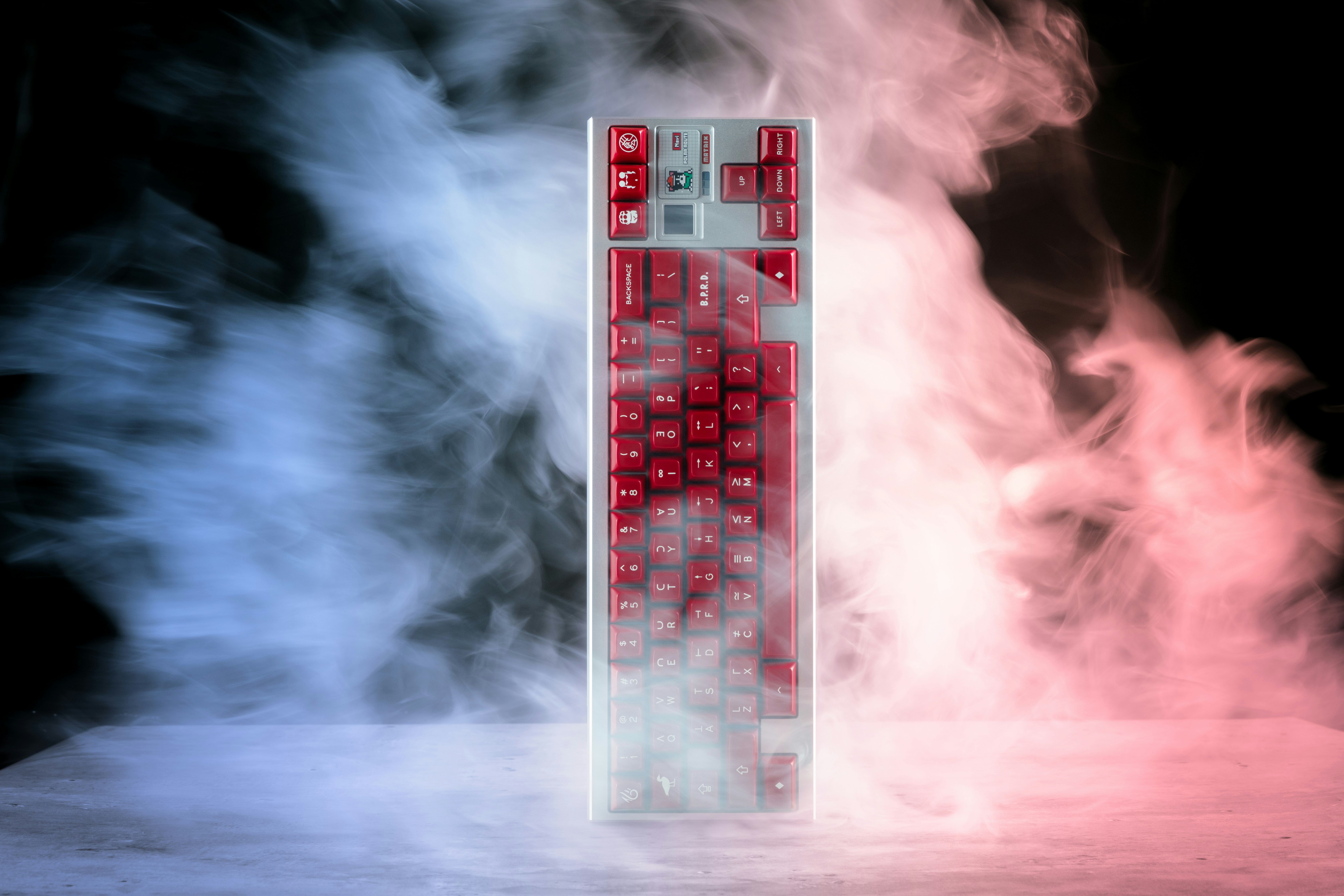 A tall tower with red lights on top of it