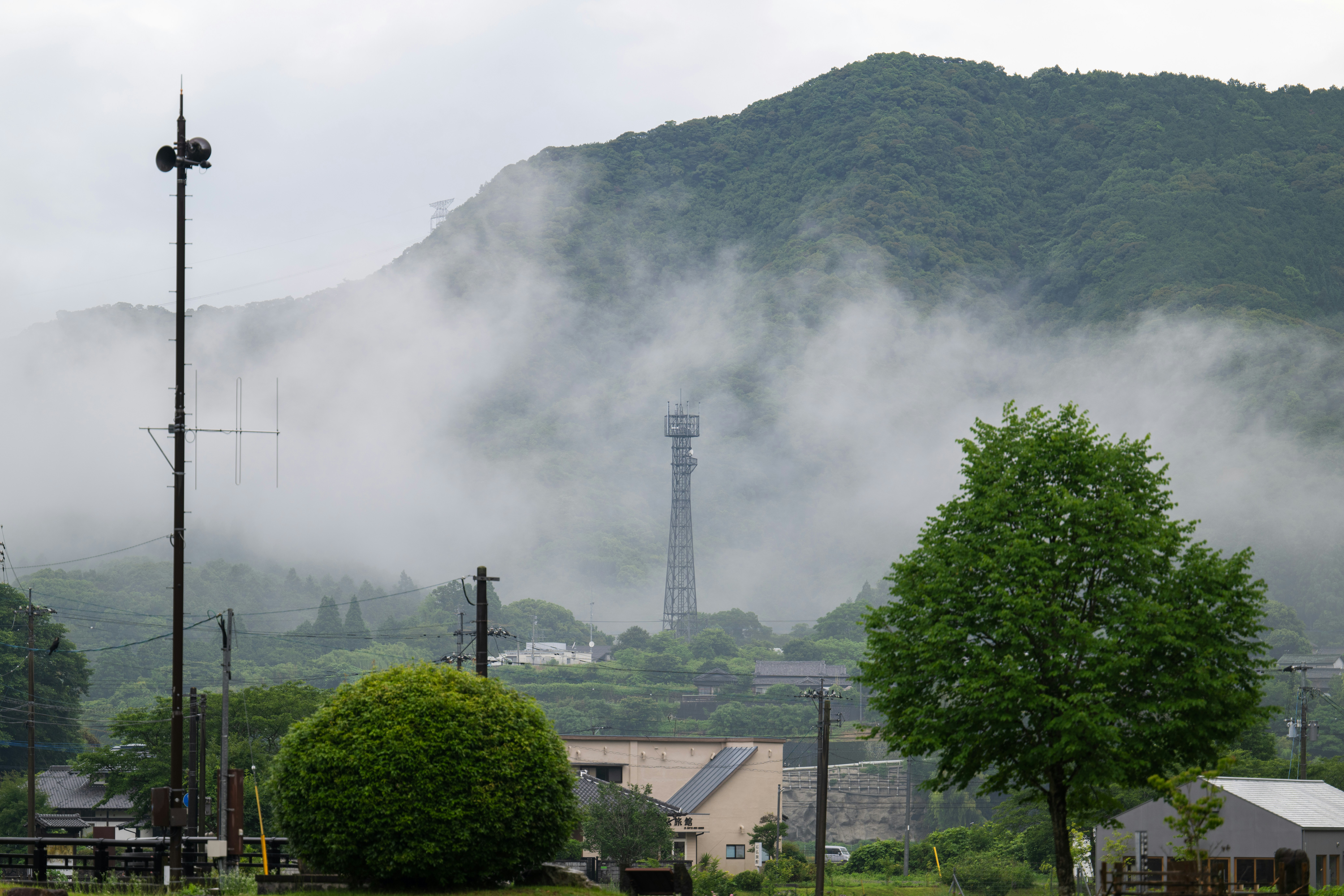 A view of a town with a mountain in the background