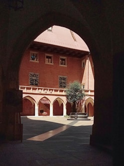 A view of a building through an archway