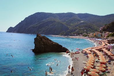 A group of people on a beach with umbrellas