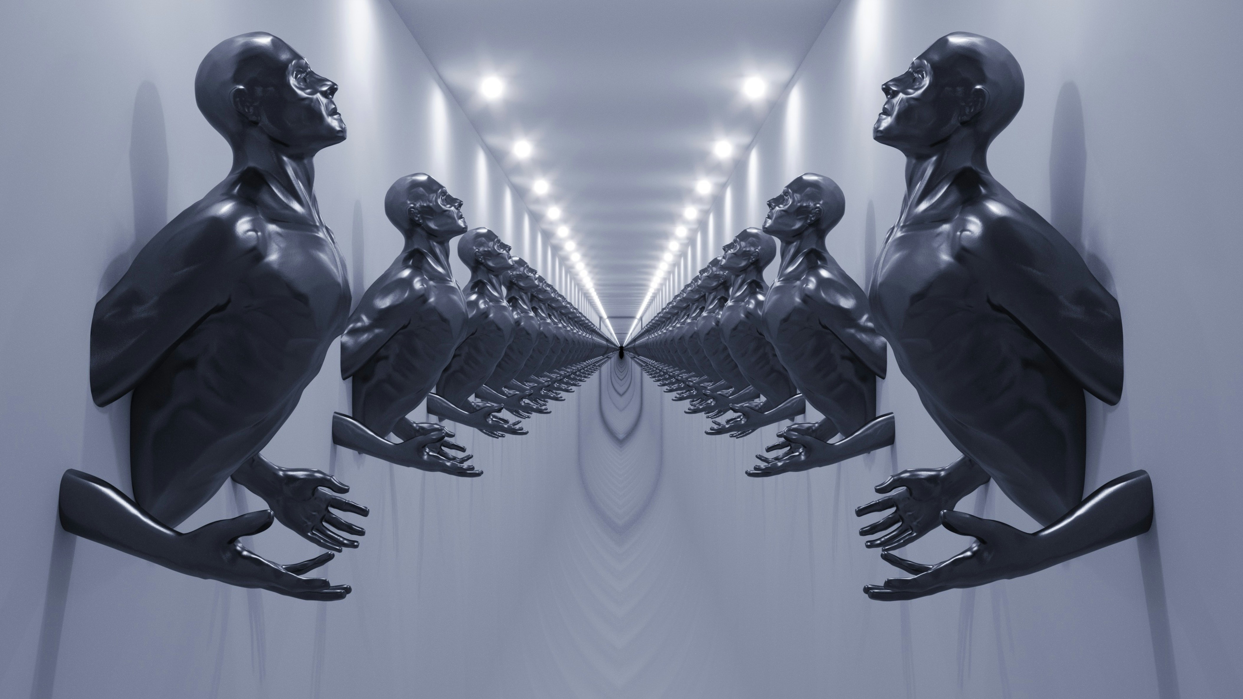 A group of black birds sitting on top of a white wall