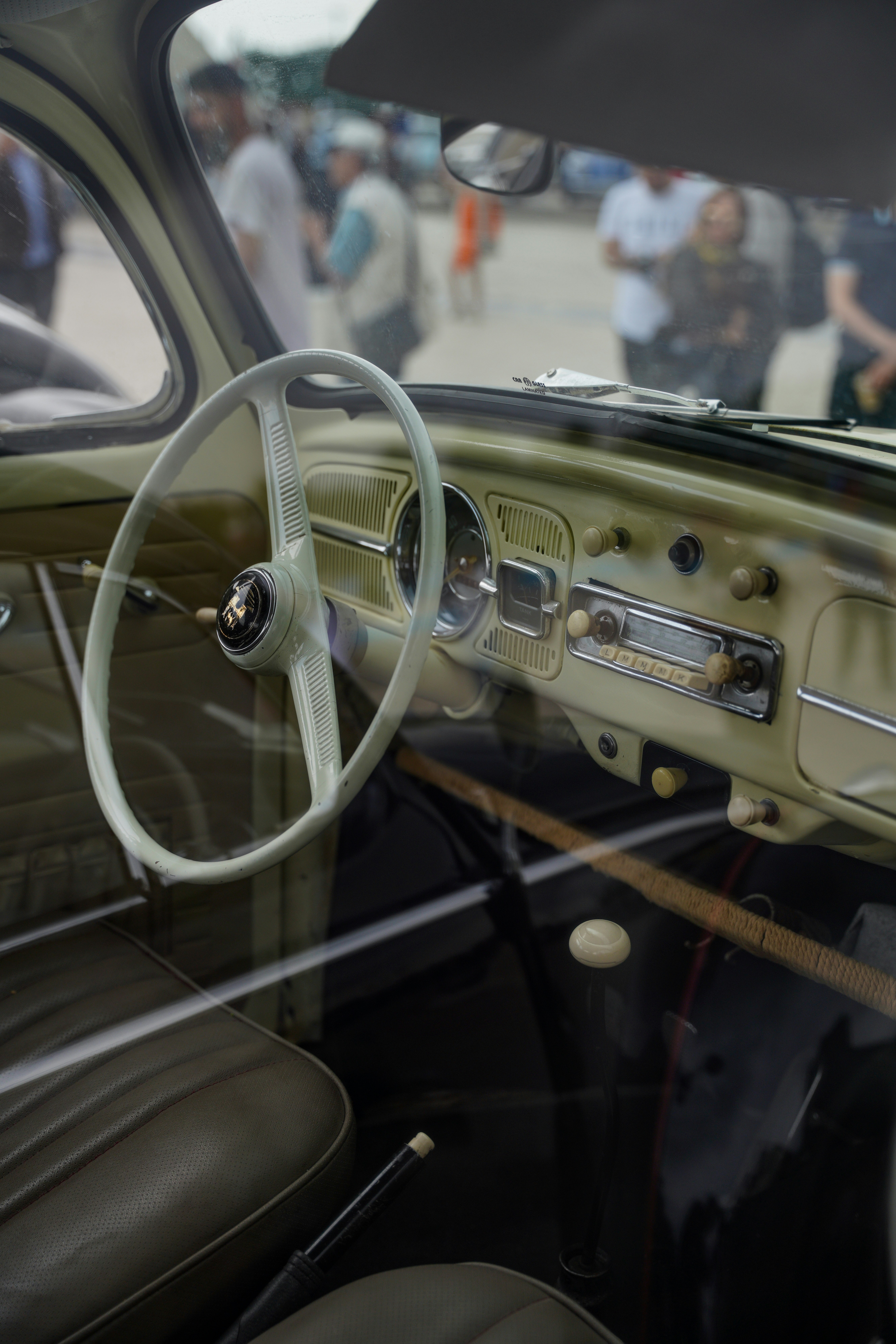 A car with a steering wheel and a dashboard