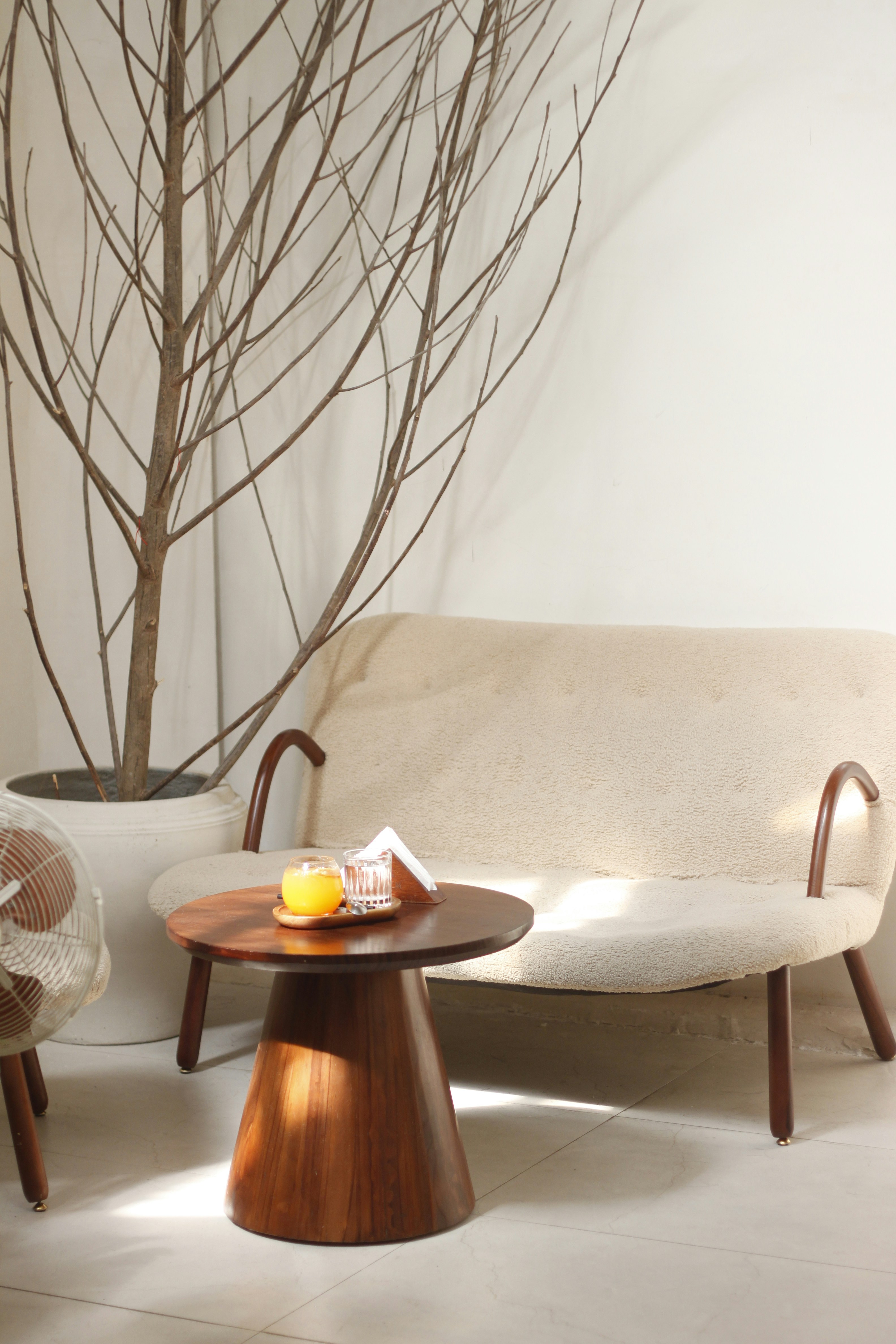 A living room filled with furniture and a tree