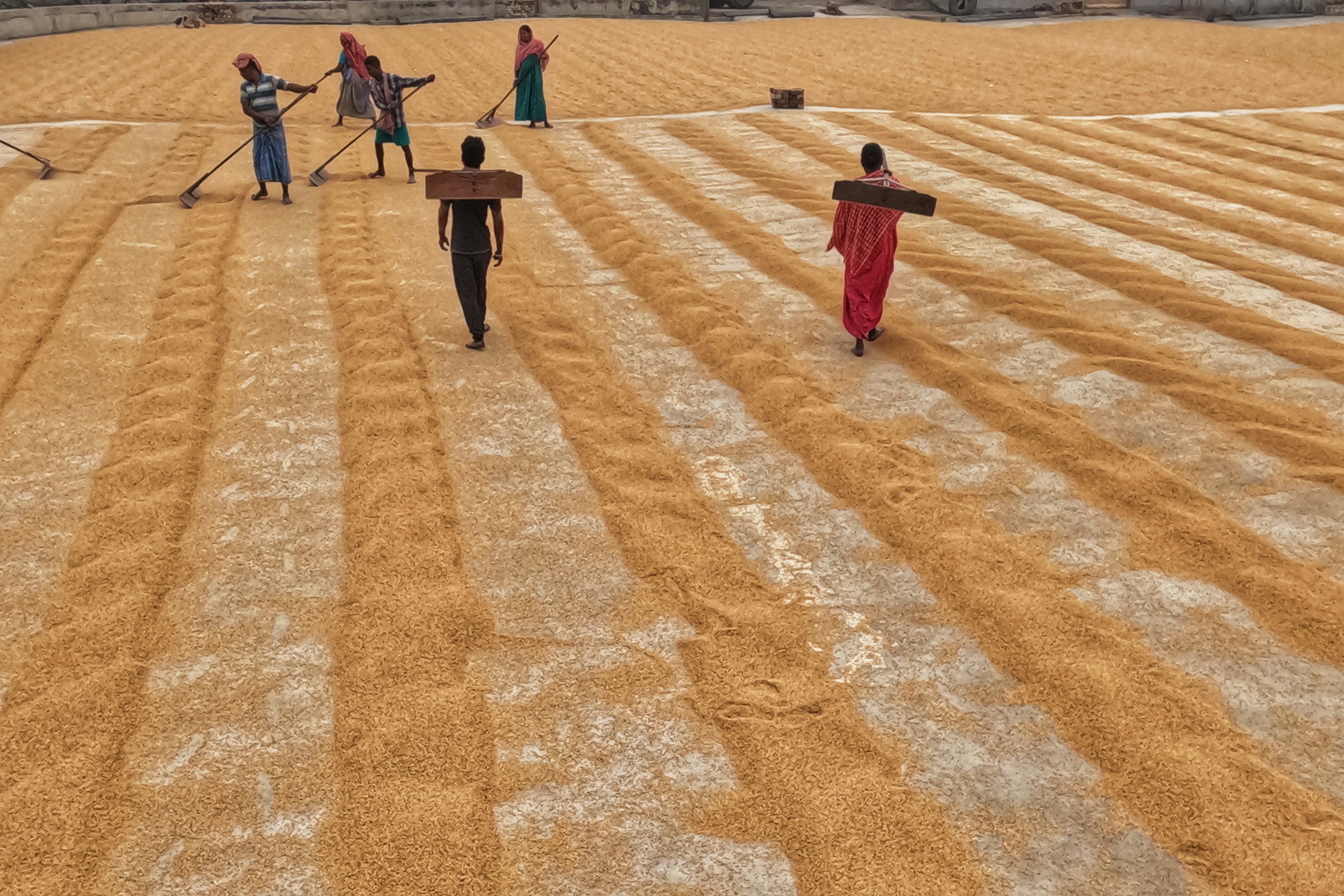 A group of people walking across a field covered in snow
