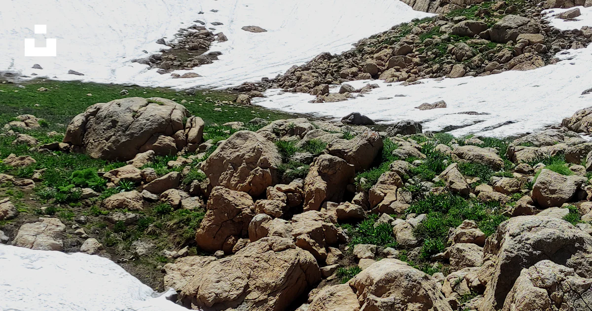Kurdish Rocks A snow covered mountain with rocks and green plants photo – Free ...