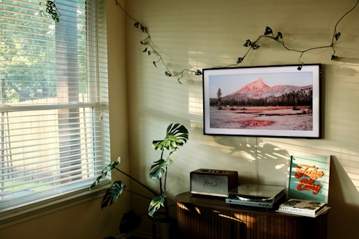 A picture hanging on a wall next to a window