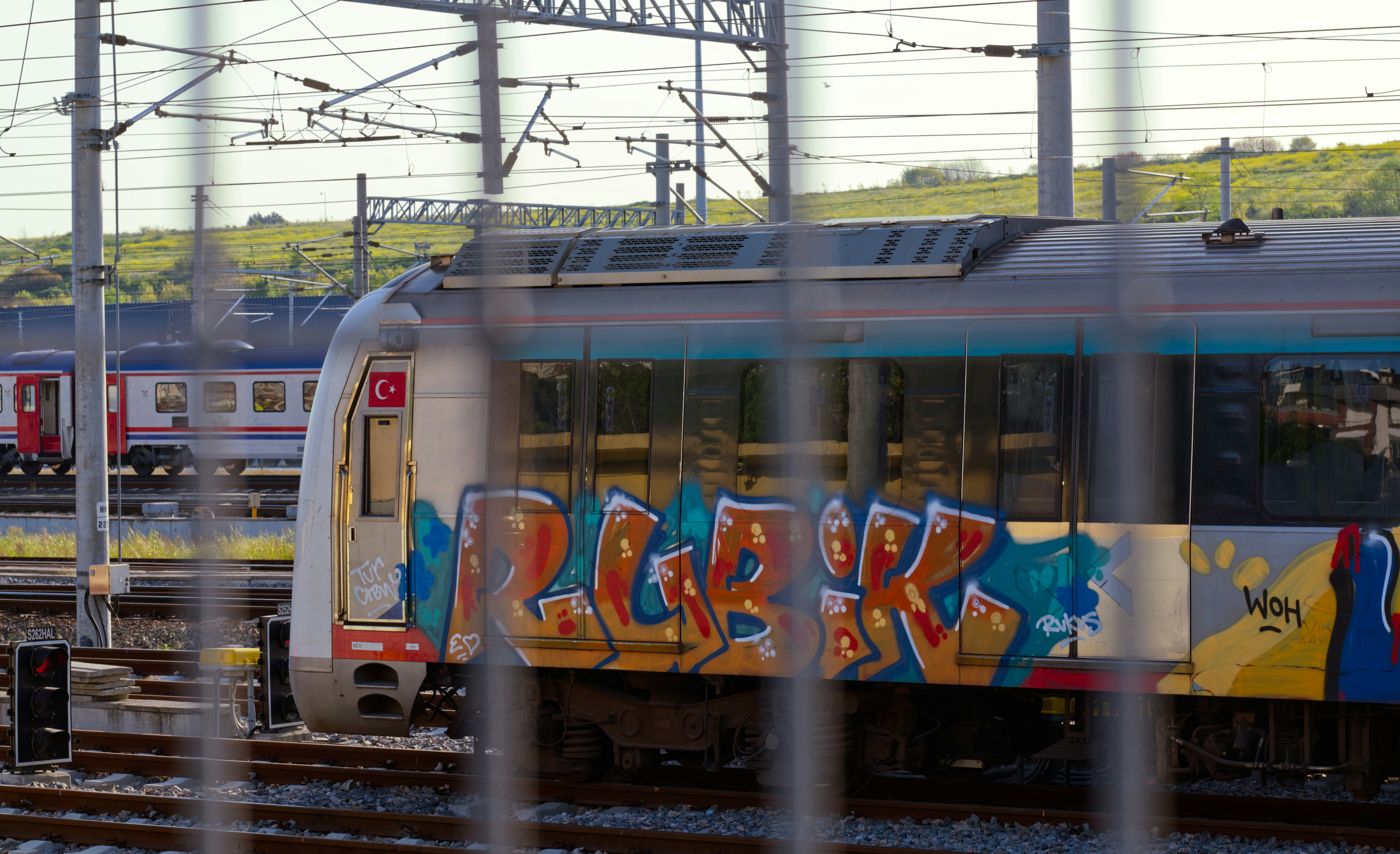 Ein Zug mit Graffiti an der Seite