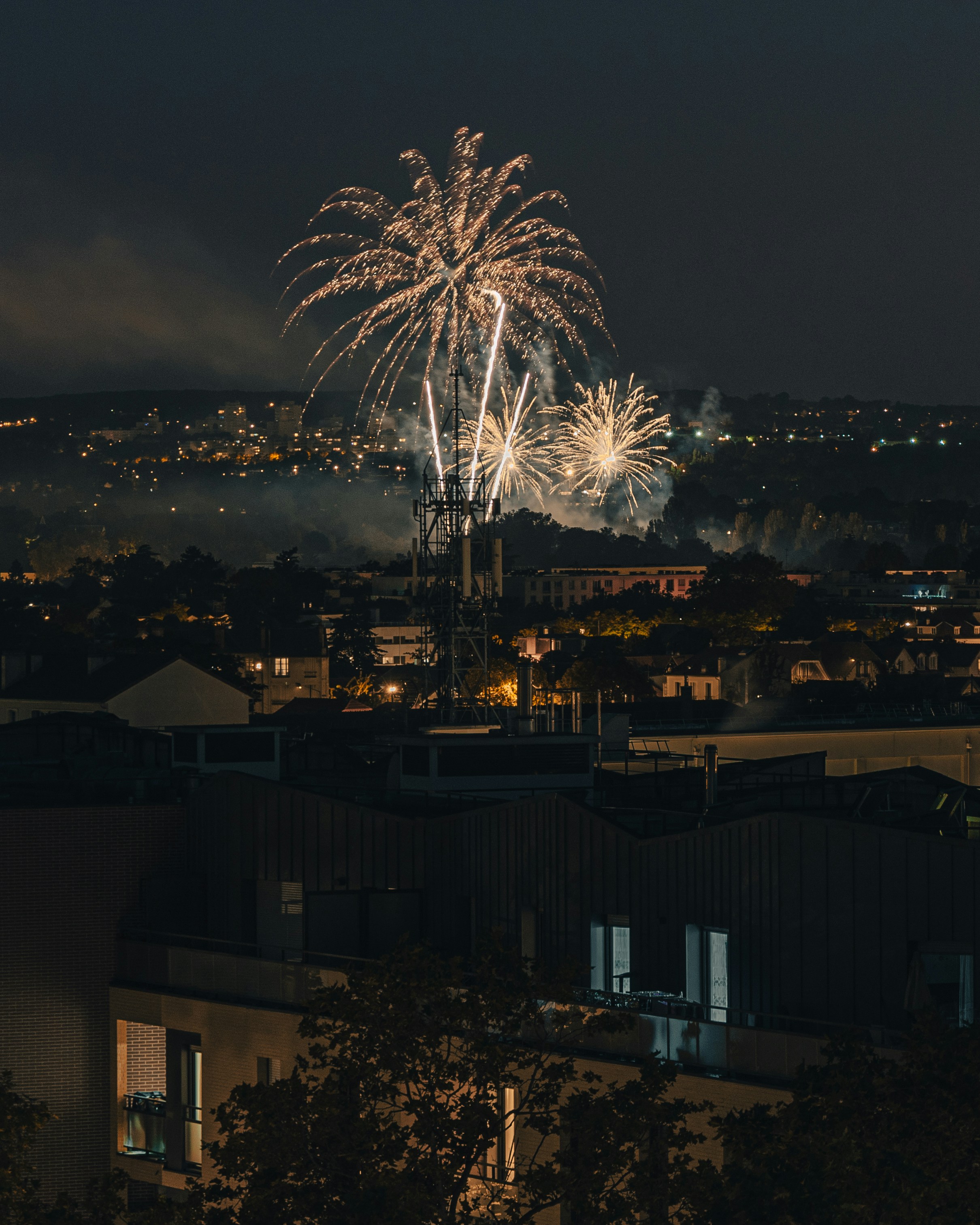 Des feux d’artifice illuminent le ciel nocturne au-dessus d’une ville