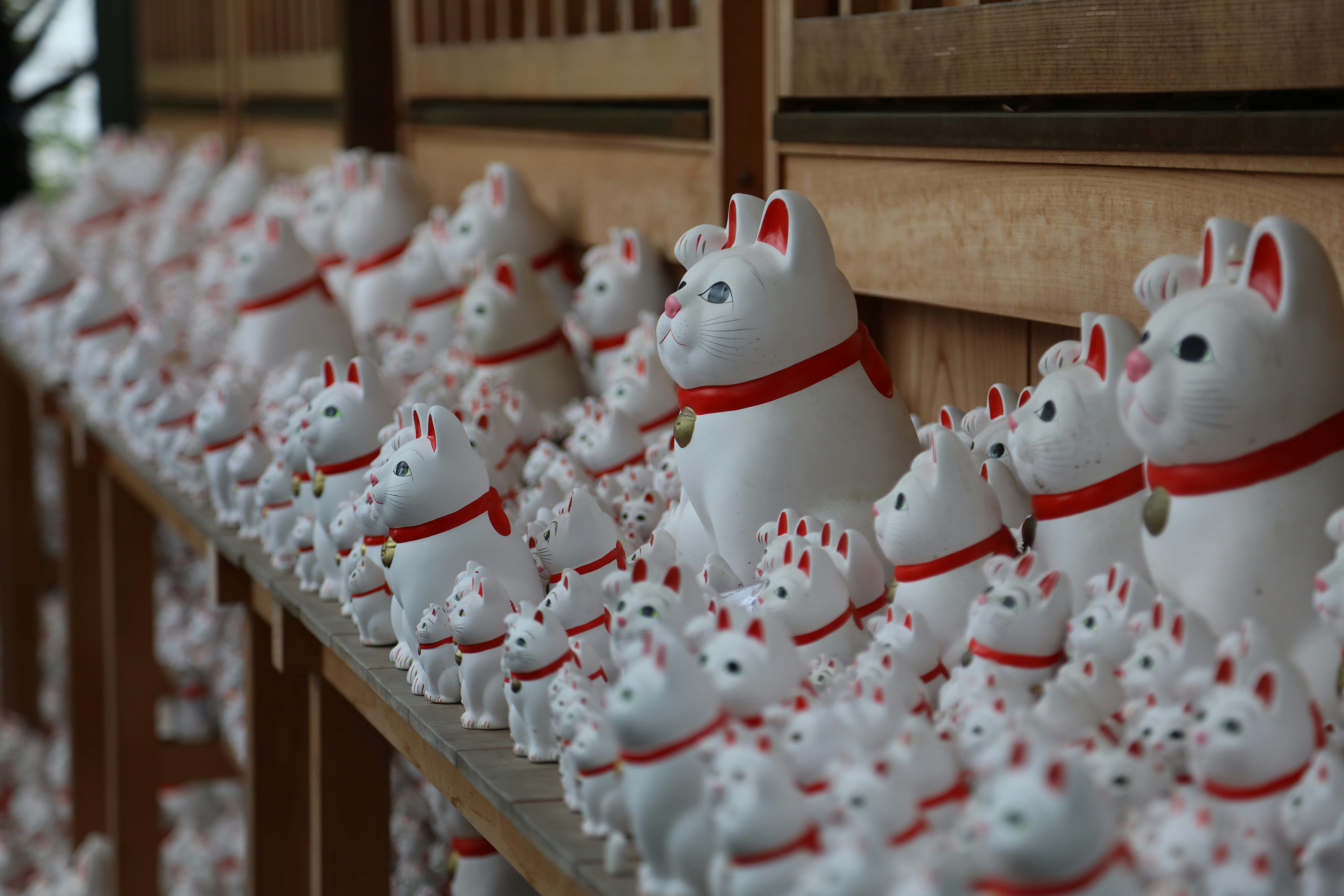 A row of white ceramic cats sitting on top of a shelf