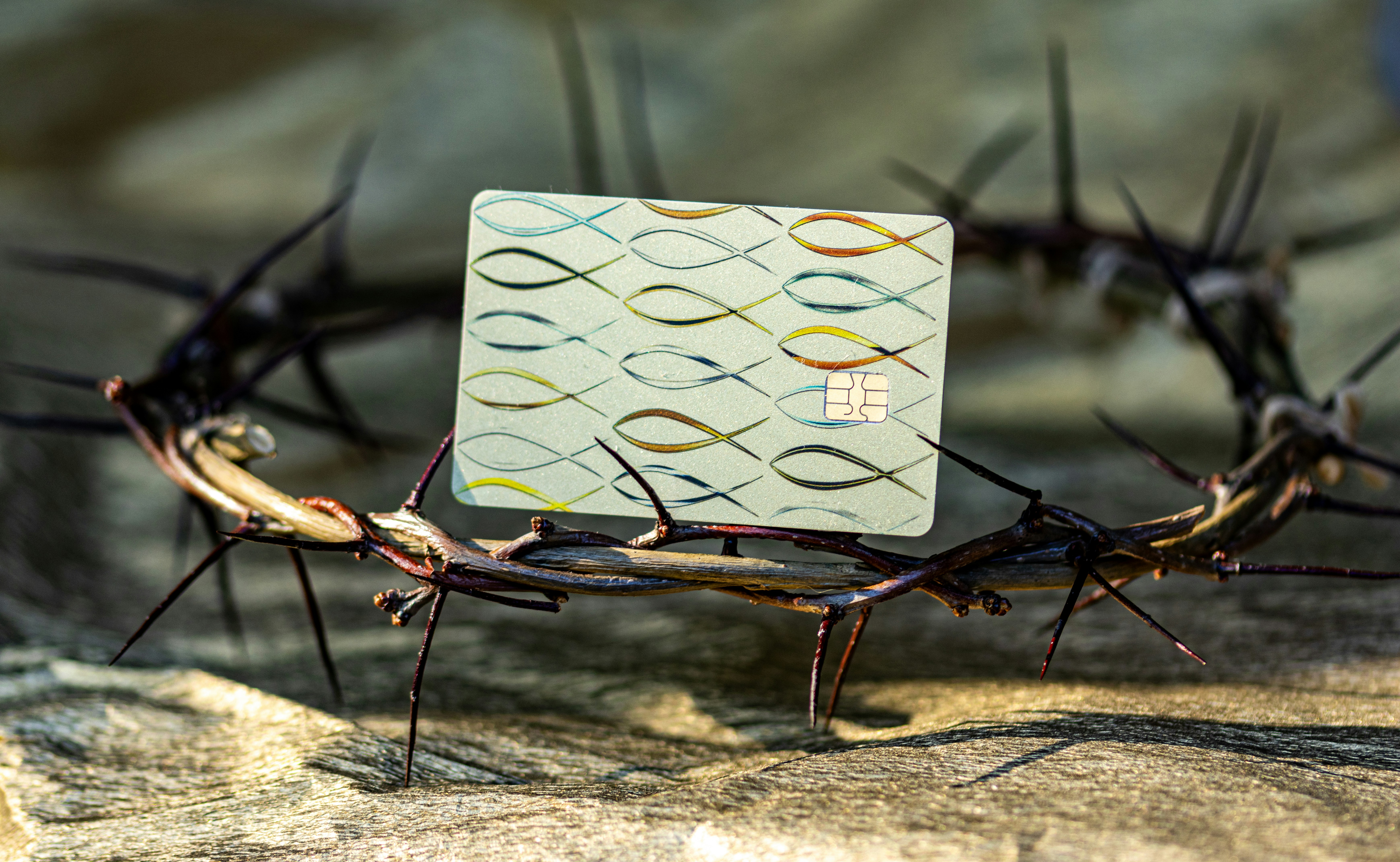 A card stuck in a crown of barbed wire