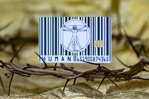 A close up of a barcode with a picture of jesus on it