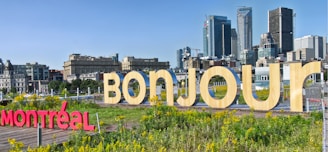 A sign that says bonjou in front of a city
