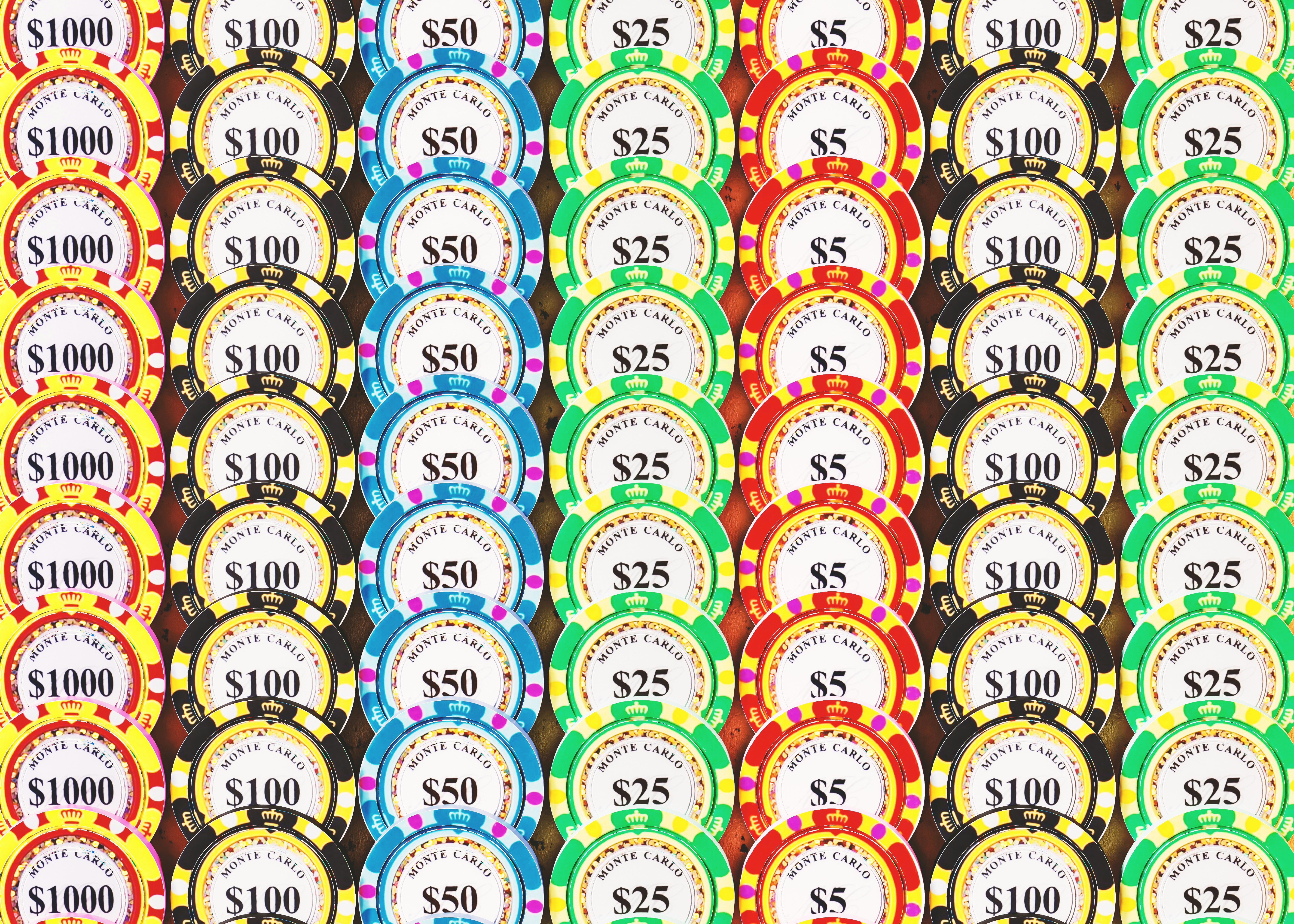 A lot of different colored casino chips