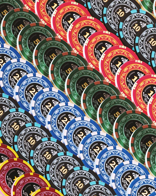 Poker chips on the felt at the High Cardhaus casino hotel gaming tables