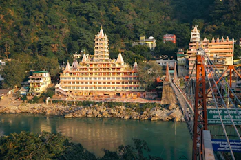 An aerial view of a city with a river running through it