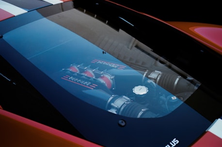 A close up of the hood of a sports car