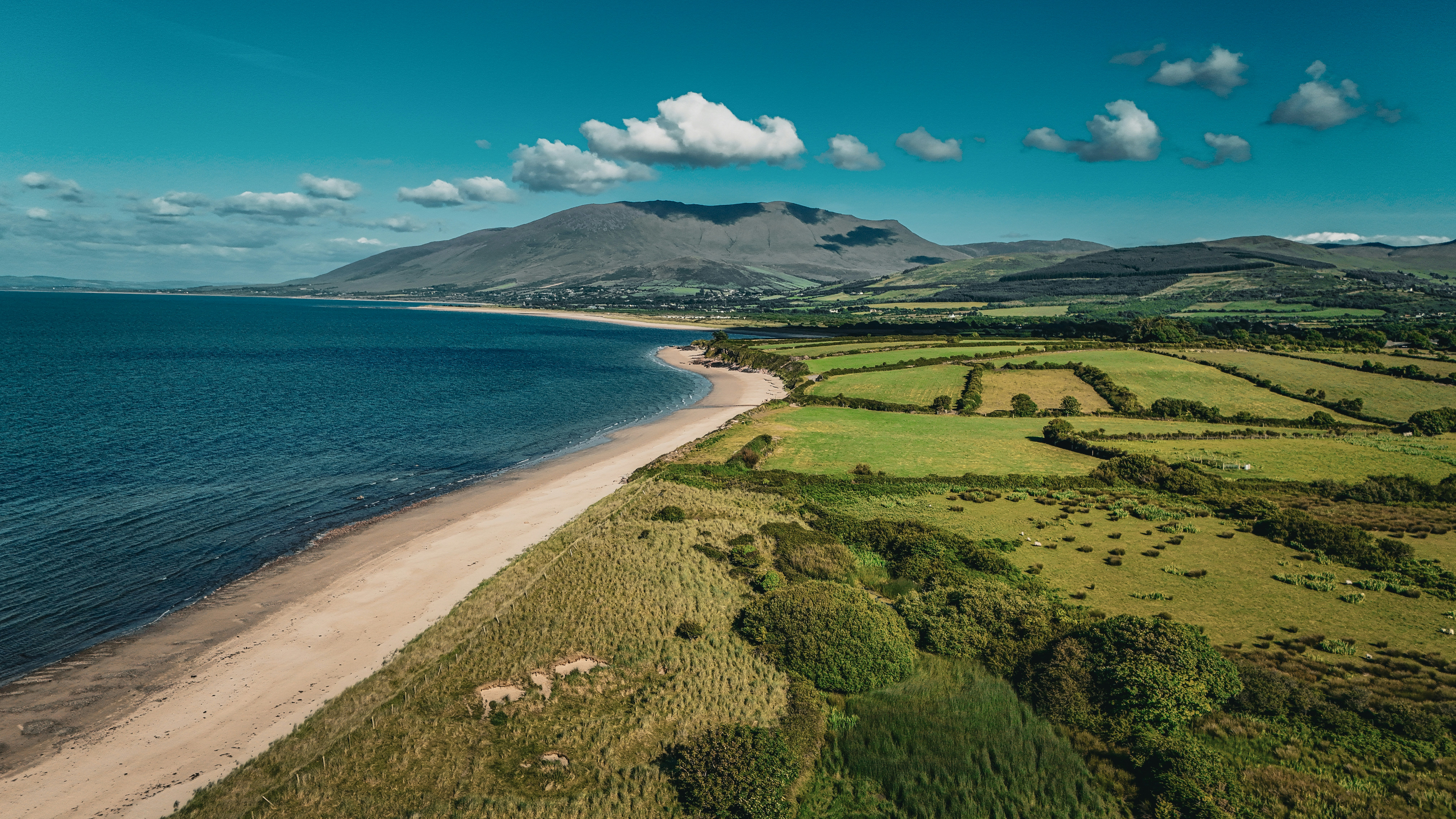 An aerial view of a beach and a body of water