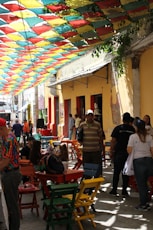 A group of people sitting at tables under umbrellas