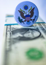 A close up of a button on a dollar bill