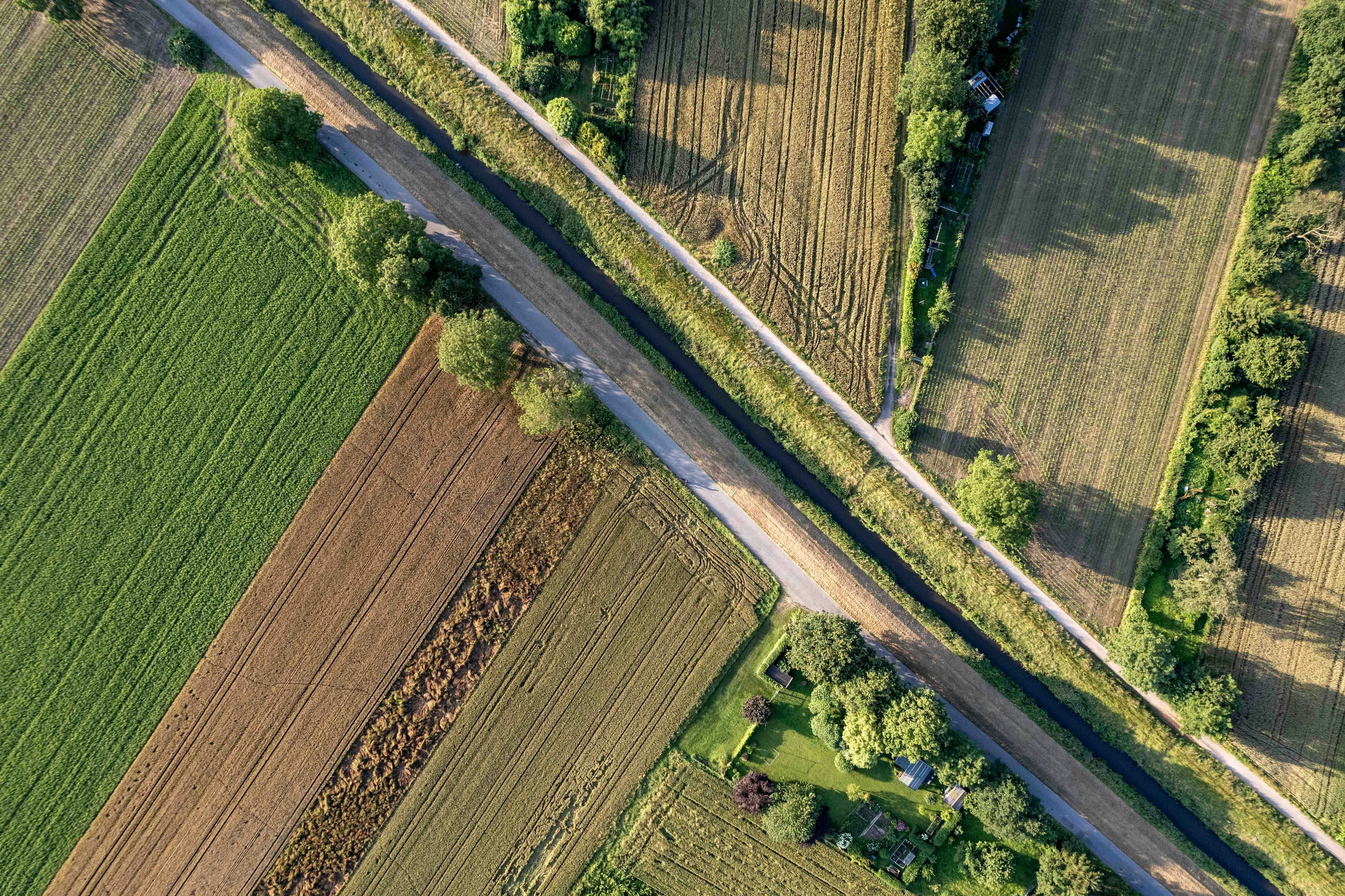 An aerial view of a country road and fields