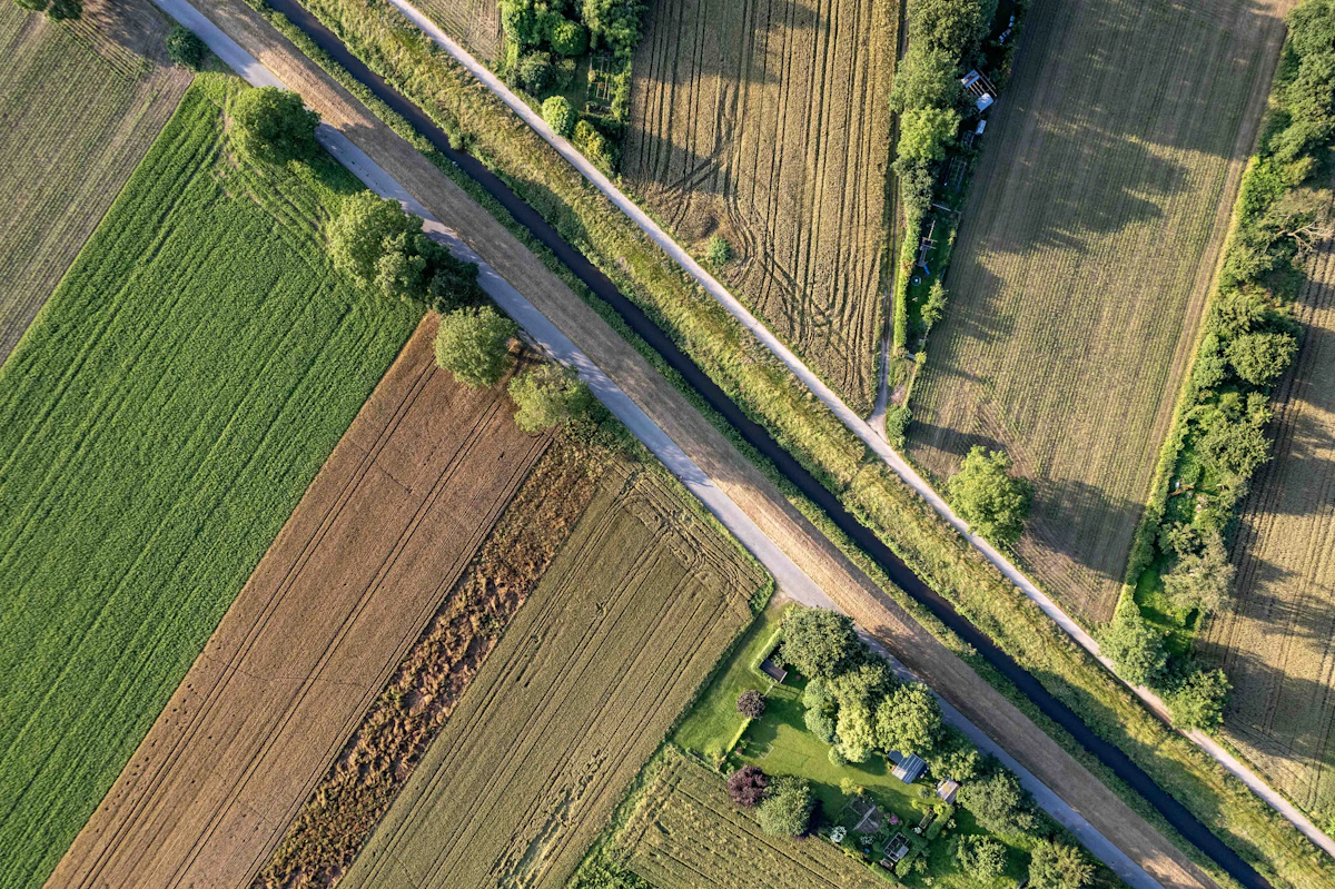 Vista aérea de un camino rural rodeado de campos verdes en Ñuble