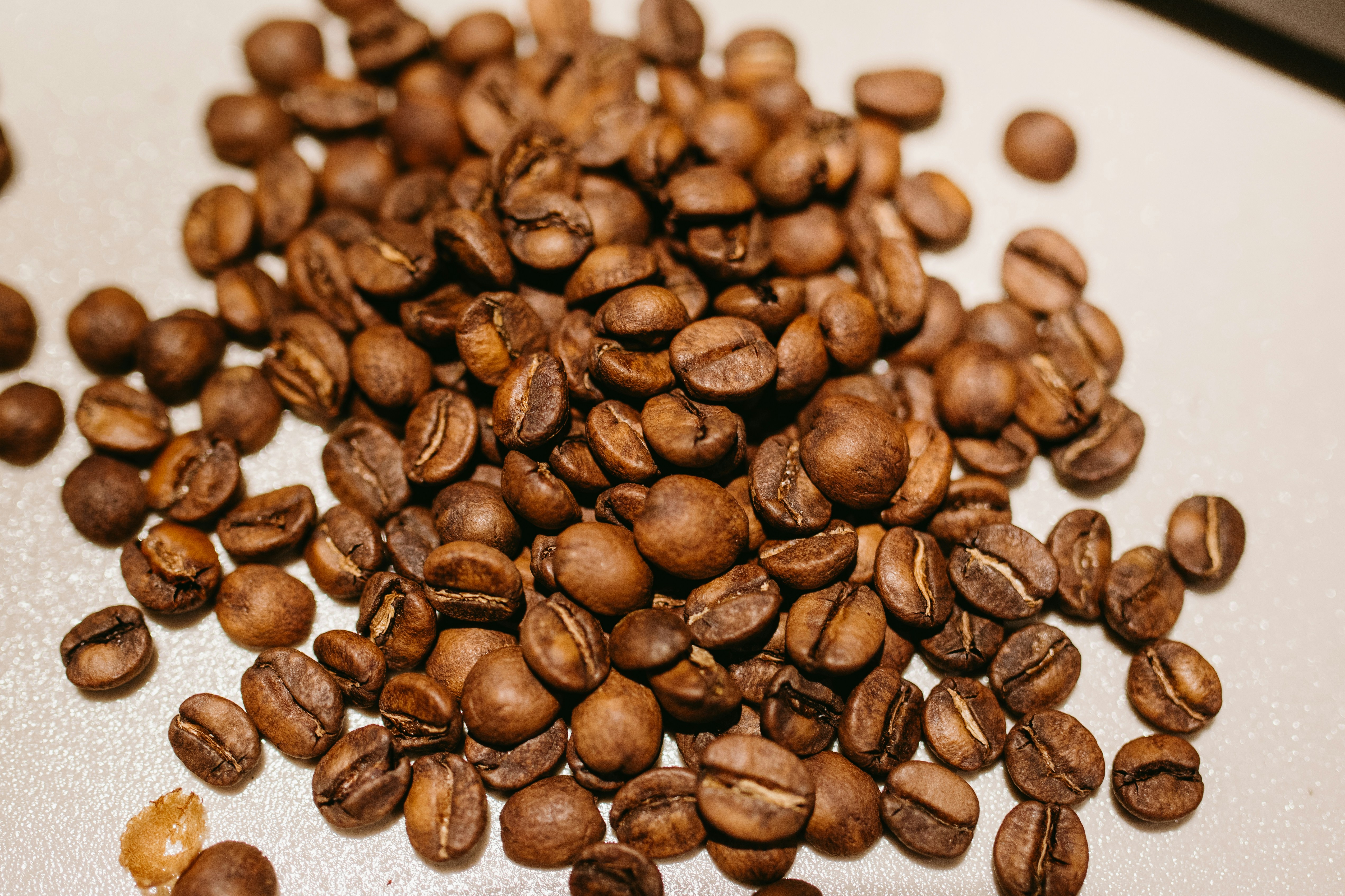 Roasted coffee beans scattered on a white surface