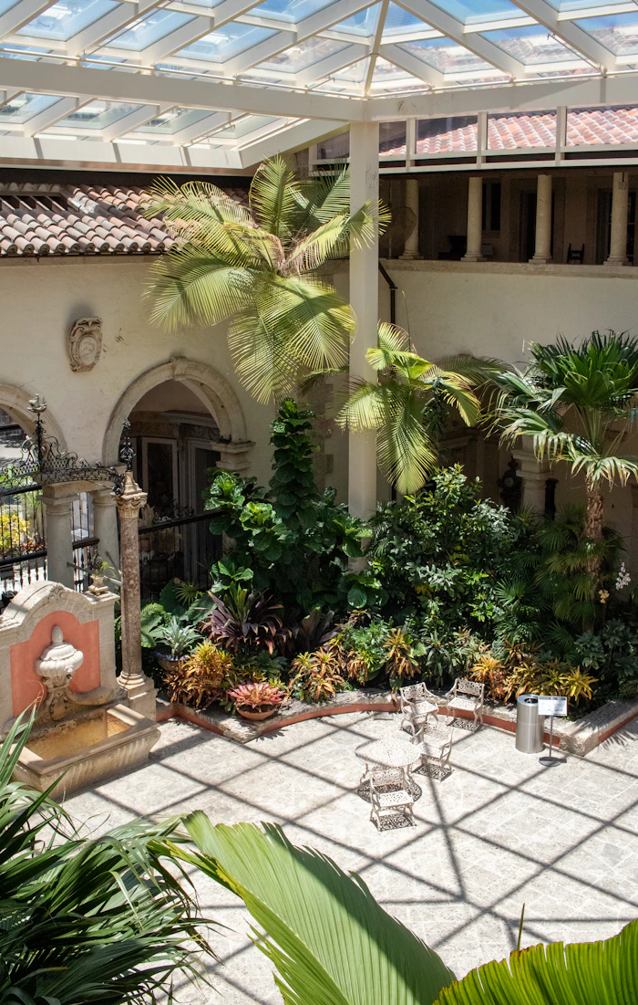 Courtyard with a fountain and palms